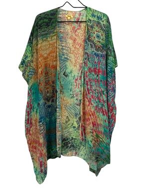 Tianello Washable Silk Boho Festival Colorful Print Open Front Zen Robe Kimono S